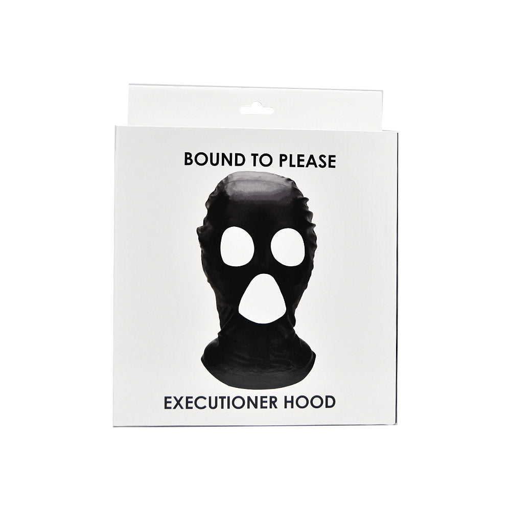 Bound to Please Executioner Hood, a black blindfold designed for sensory and bondage play, showcasing the sleek, fitted style.