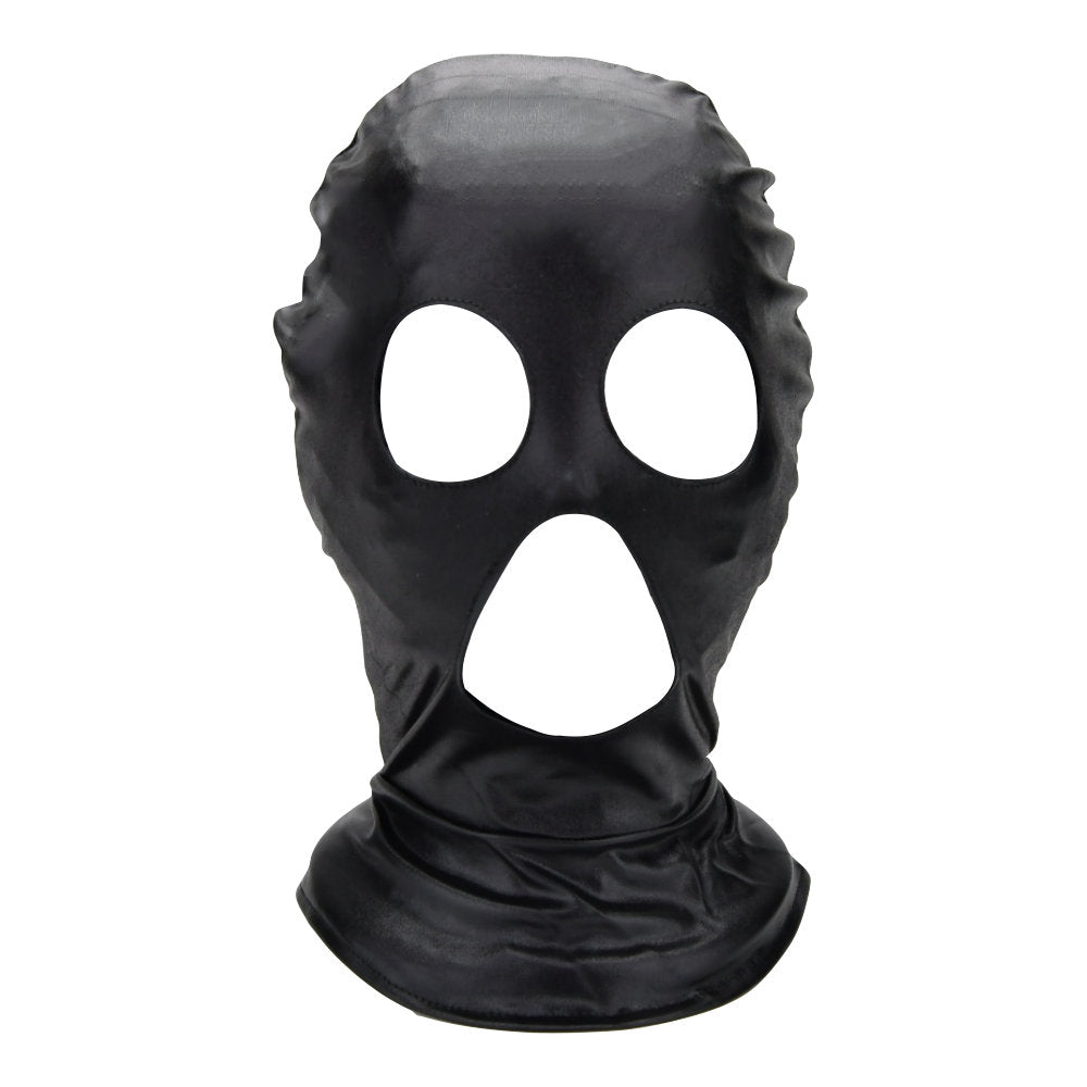 Black executioner hood by Bound to Please, soft blindfold with eye holes, designed for immersive role-play and sensory deprivation.