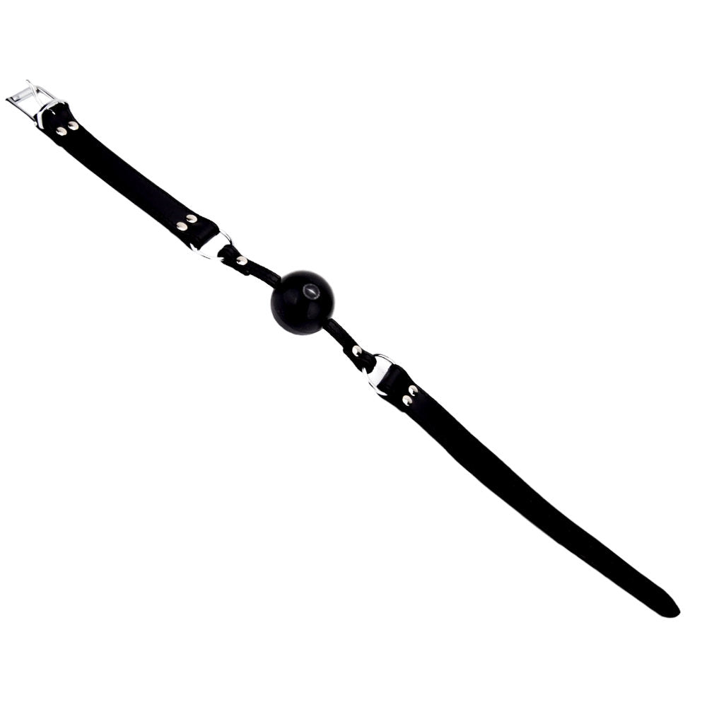 Bound leather solid ball gag with adjustable straps, featuring a smooth black ball for comfortable restraint.