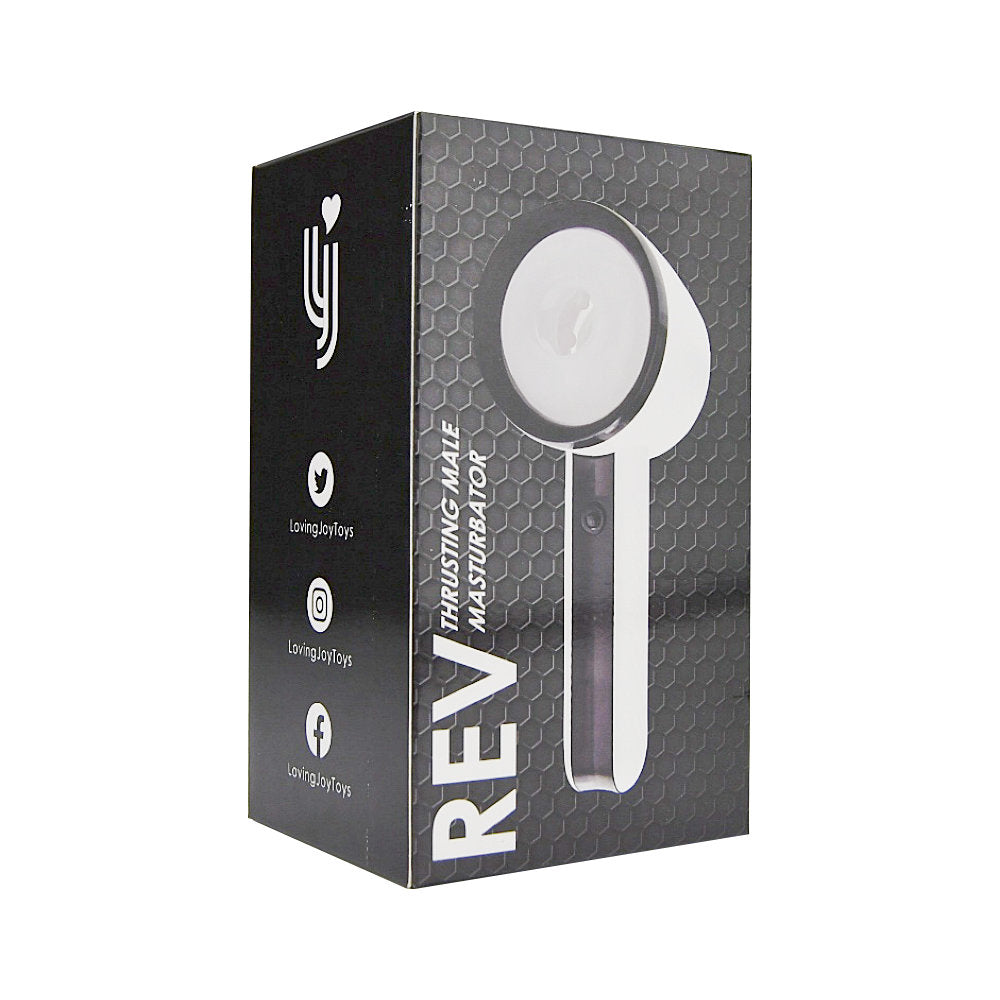 REV Thrusting Male Masturbator showing the textured interior design and compact shape in a sealed package.
