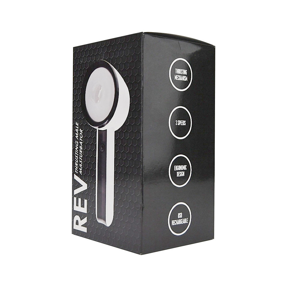 REV Thrusting Male Masturbator shown in open packaging, featuring detailed interior design for realistic sensation.