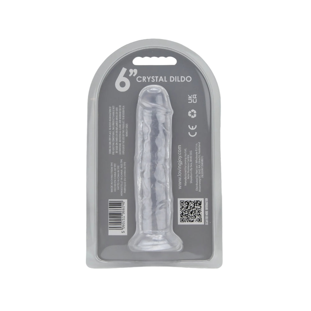 Clear Loving Joy 6-inch suction cup dildo with realistic design, suitable for safe, hands-free use and easy positioning.