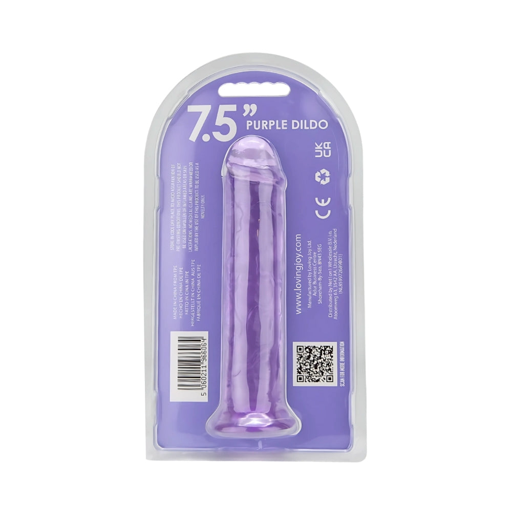 Purple Loving Joy 7.5-inch suction cup dildo displayed with textured surface and sturdy suction base for hands-free use.