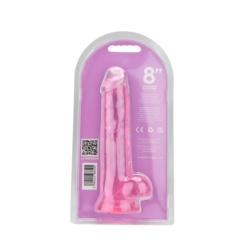 Pink Loving Joy 8-inch dildo with balls, realistic silicone material, detailed texture, for adult pleasure.