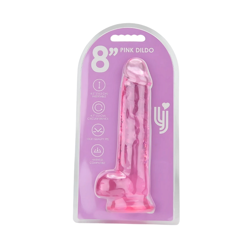Pink Loving Joy 8-inch dildo with balls, realistic silicone design, soft texture, and detailed shaft for adult pleasure.