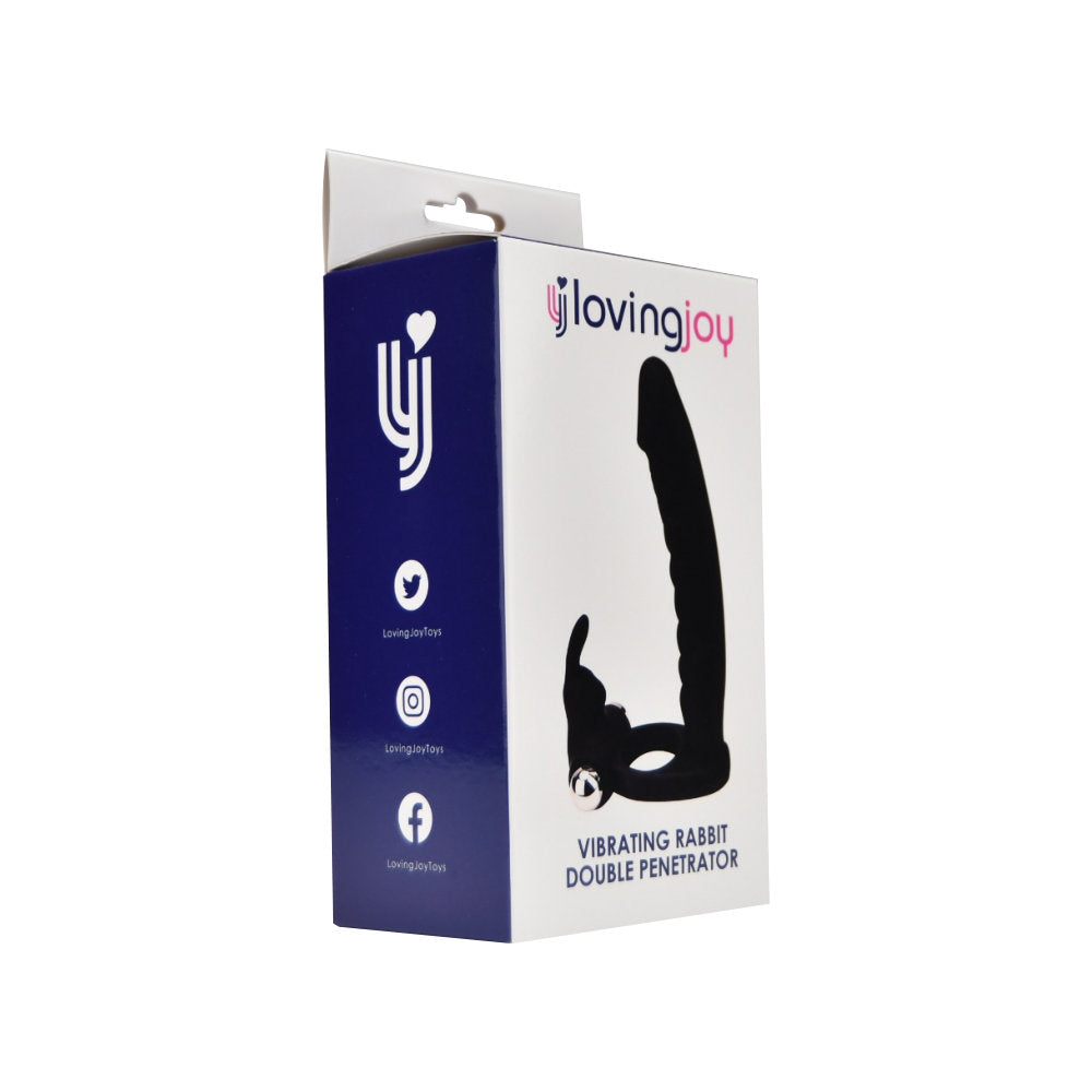 Loving Joy Double Fun vibrating rabbit double penetration strap-on with dual harness and textured rabbit attachments.