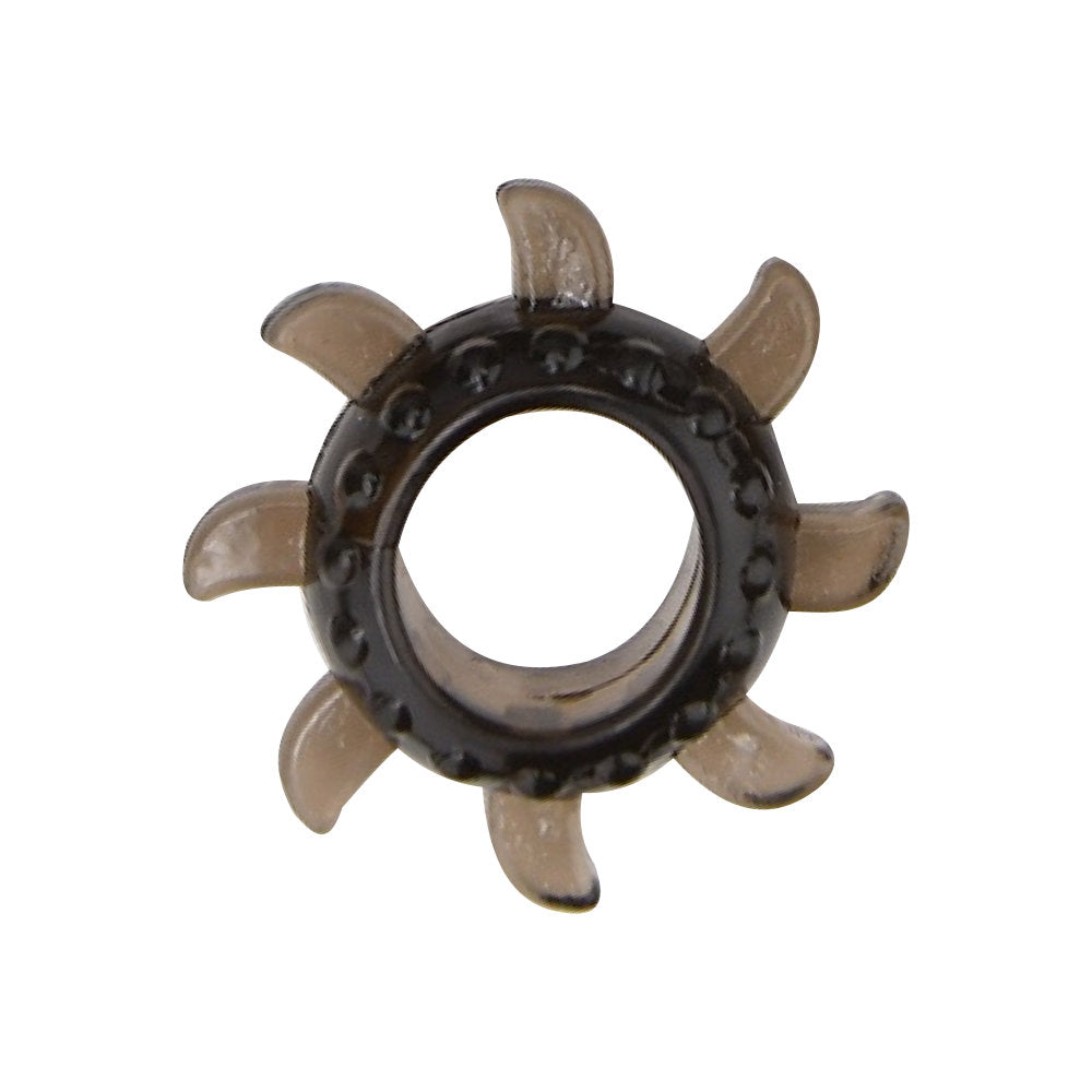 Loving Joy textured cock ring set with six adjustable silicone rings for enhanced pleasure and fit, shown in black.