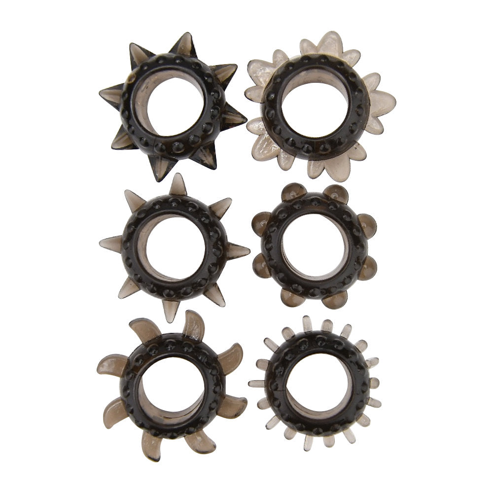 Loving Joy textured cock ring set with six adjustable silicone rings, designed for enhanced pleasure and fit.
