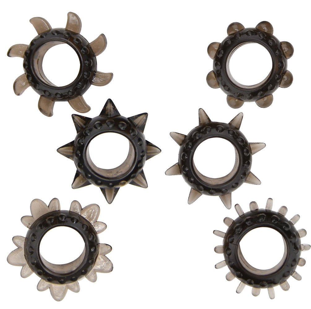 Loving Joy textured cock ring set with six flexible rings, side view, showcasing different textures for enhanced pleasure.