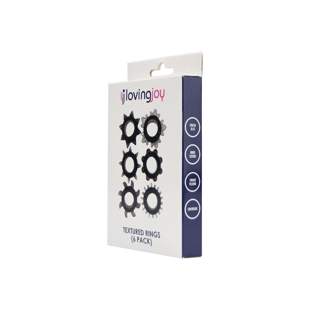 Loving Joy textured cock ring set with six flexible silicone rings, designed for enhanced pleasure and comfort.