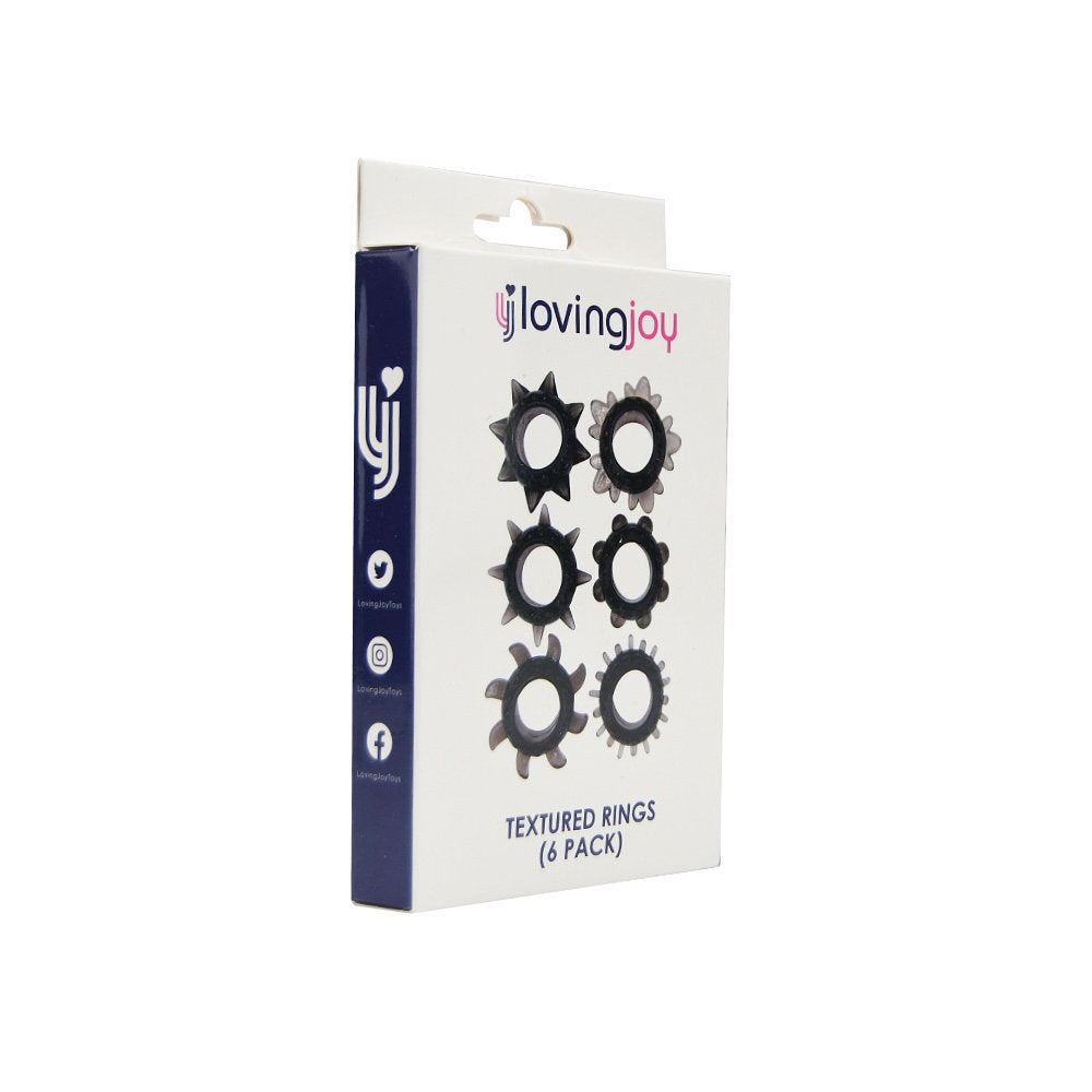 Loving Joy textured cock ring set with six adjustable silicone rings displayed in clear packaging.