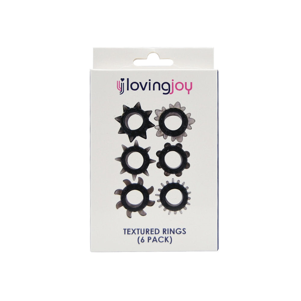 Loving Joy textured cock ring set with six adjustable rings, made of flexible material for enhanced pleasure and fit.