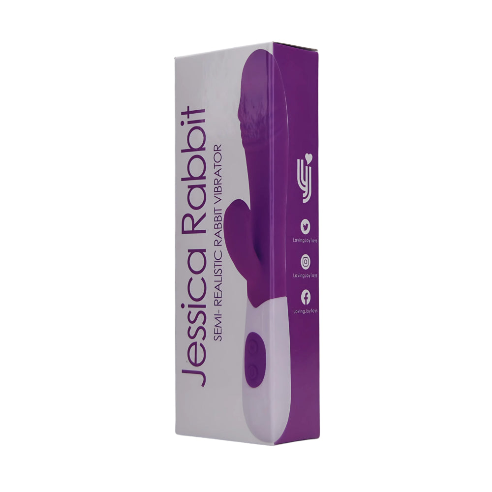 Jessica Rabbit semi-realistic rabbit vibrator by Loving Joy, showing the detailed design and dual stimulator features.