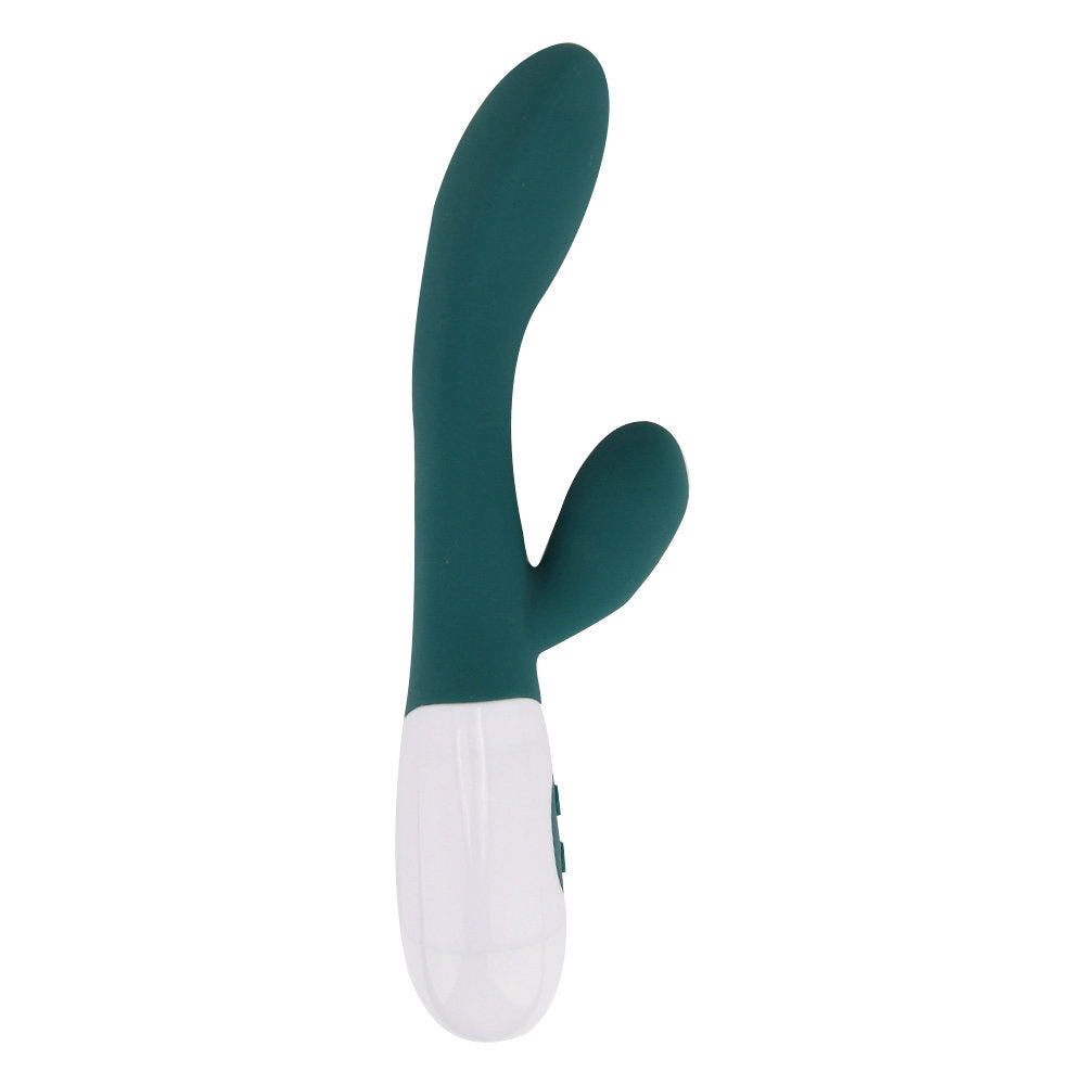 Loving Joy Jessica Rabbit Slimline Rabbit Vibrator, compact and sleek, with a curved design for dual stimulation.