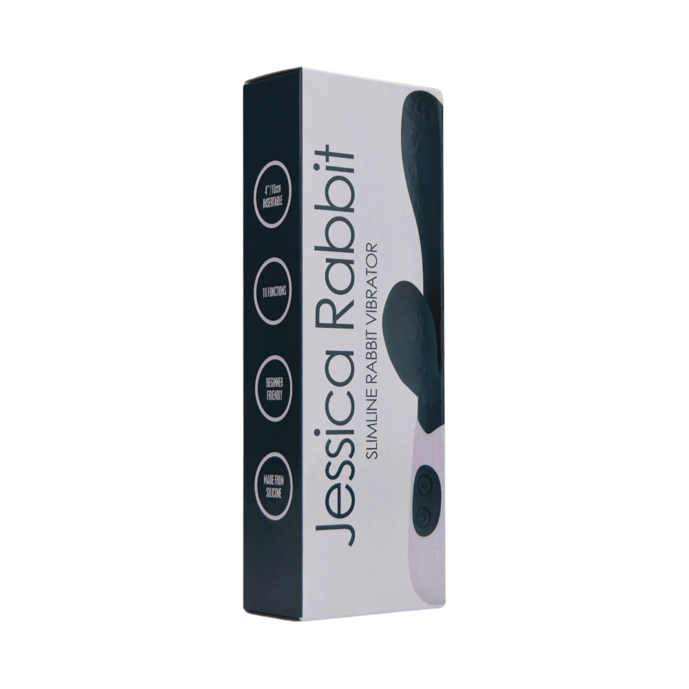 Loving Joy Jessica Rabbit Slimline Rabbit Vibrator with curved shaft and rabbit-shaped clitoral stimulator on white background.