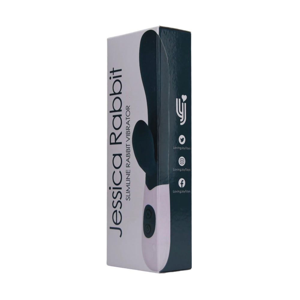 Loving Joy Jessica Rabbit Slimline Rabbit Vibrator with dual motors and realistic design, shown on packaging.