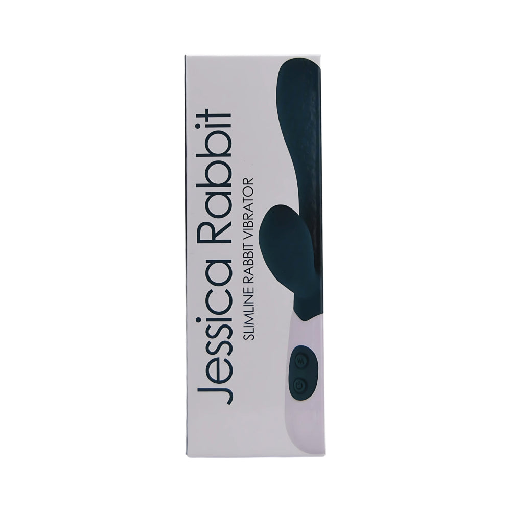 Loving Joy Jessica Rabbit Slimline Rabbit Vibrator shown in packaging, featuring sleek design and dual stimulation tips.