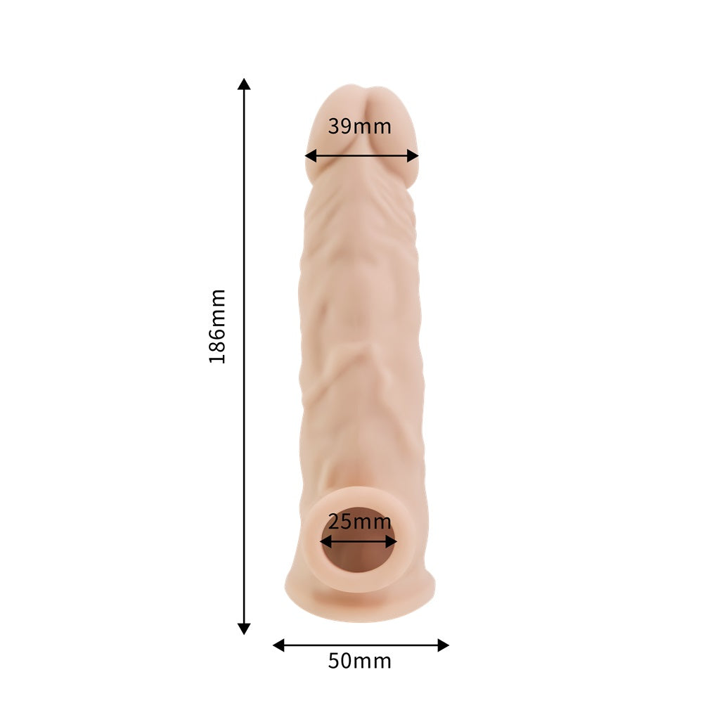 Rev-Sleeves 8.5-inch realistic silicone penis extension sleeve shown on a mannequin, highlighting textured surface and snug fit.
