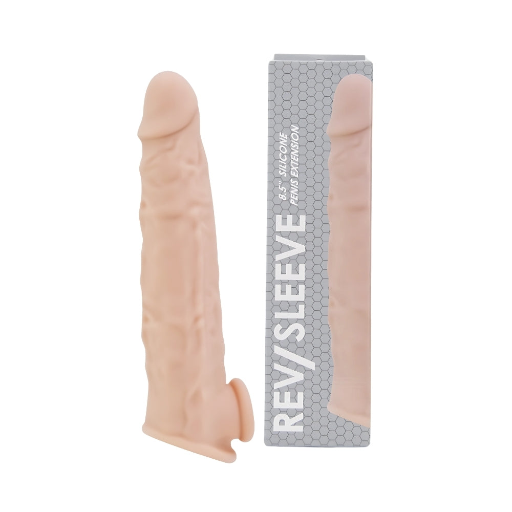 Rev-Sleeves 8.5-inch realistic silicone penis extension sleeve showing textured surface and detailed shaft design.