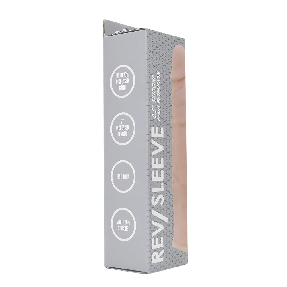 Rev-Sleeves 8.5-inch realistic silicone penis extension sleeve showing textured surface and lifelike appearance.