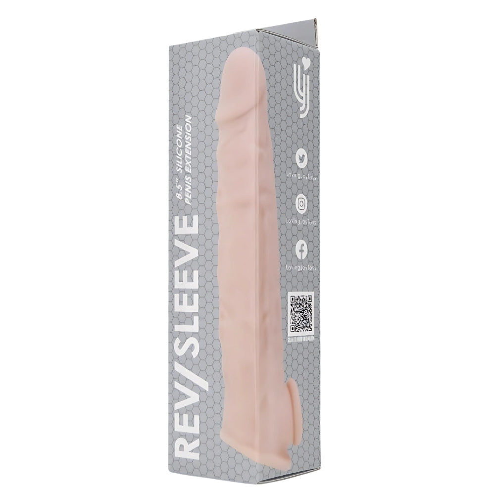 Rev-Sleeves 8.5-inch realistic silicone penis extension sleeve, textured and flexible for enhanced intimacy.
