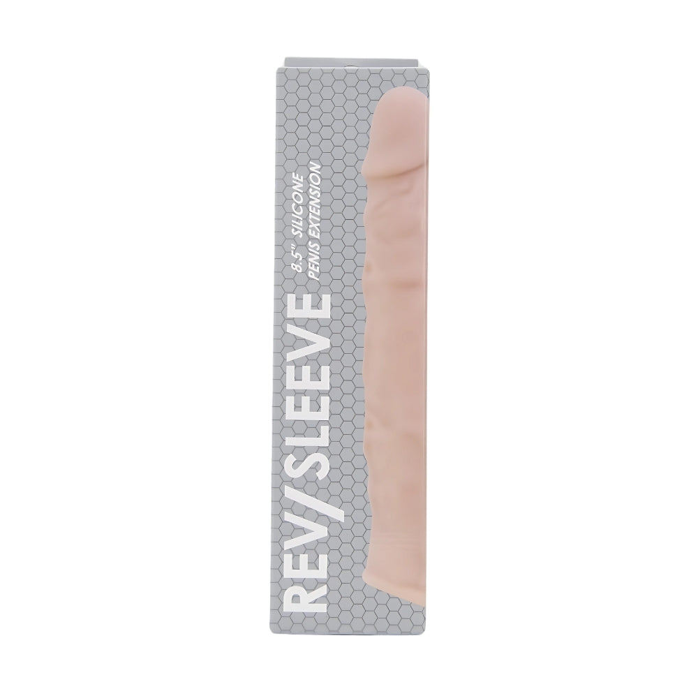 Rev-Sleeves 8.5-inch realistic silicone penis extension sleeve with textured surface and ergonomic design.