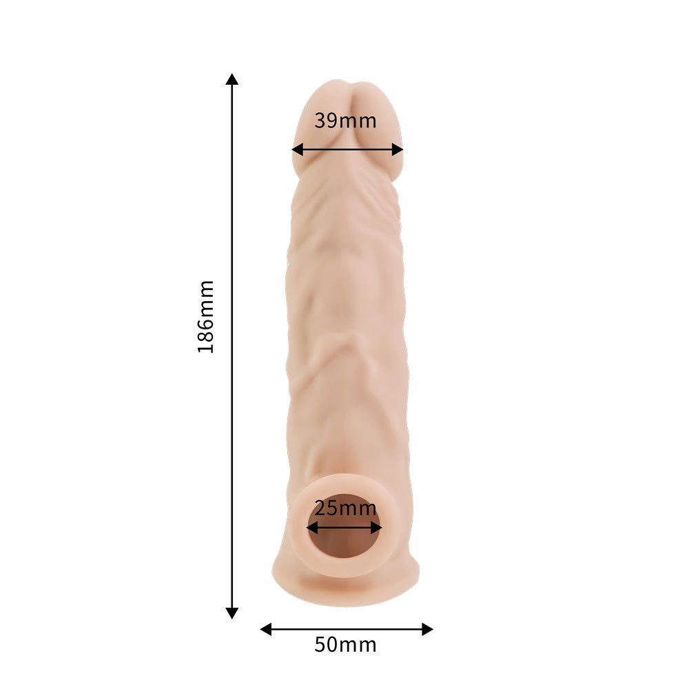 Rev-Sleeves 7.5-inch girthy realistic silicone penis extension sleeve showing textured exterior and open base for easy wear.