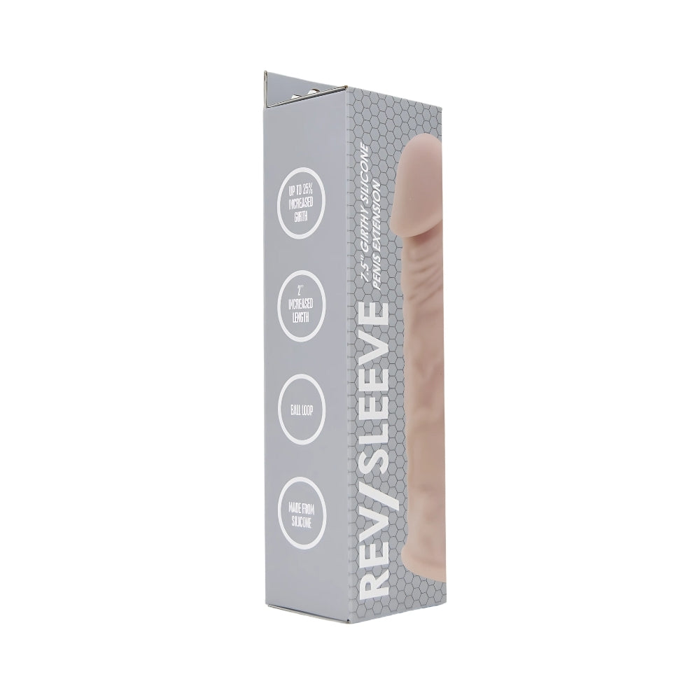 Rev-Sleeves 7.5-inch girthy realistic silicone penis extension sleeve with textured surface, designed for enhanced stimulation.