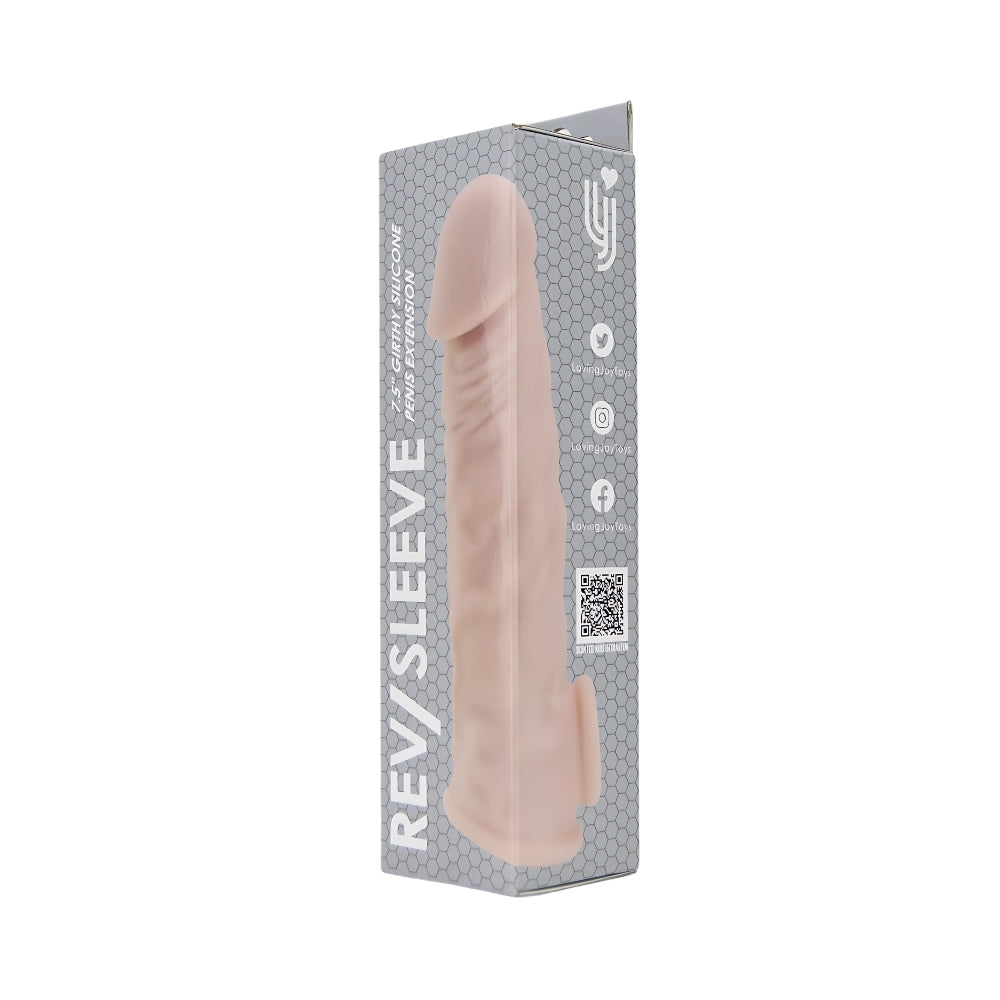 Rev-Sleeves 7.5-inch girthy realistic silicone penis extension sleeve with detailed texture and snug fit.