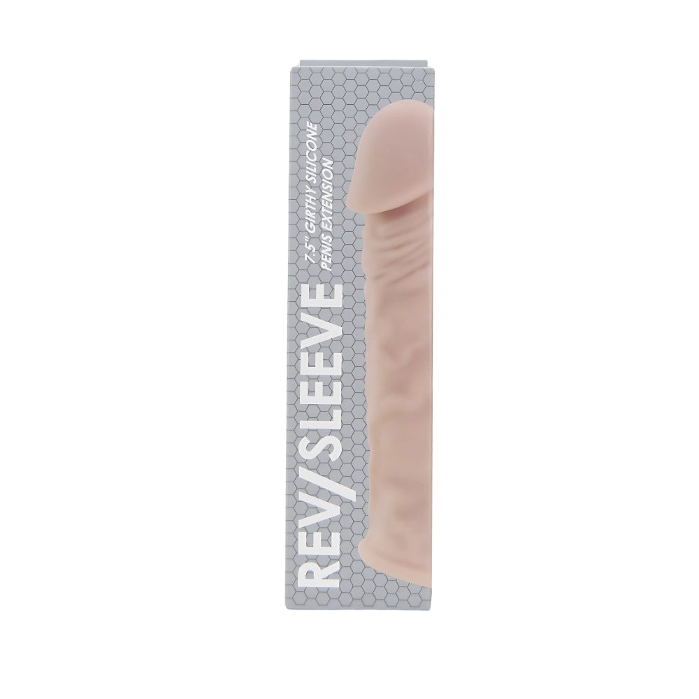Rev-Sleeves 7.5-inch girthy realistic silicone penis extension sleeve with textured surface and snug fit, designed for enhanced stimulation.