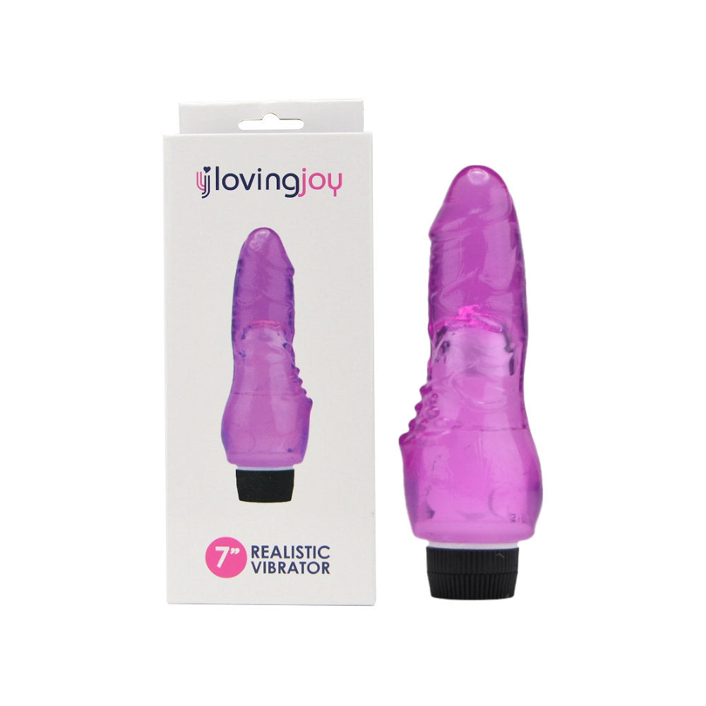 Loving Joy 7-inch realistic purple vibrator with lifelike details and textured surface for enhanced pleasure.