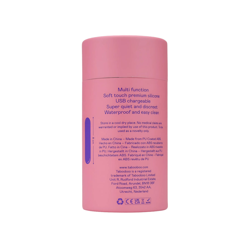 Tabooboo Lunch Break Bullet Vibrator shown from the back in packaging, compact and sleek design ideal for discreet use.