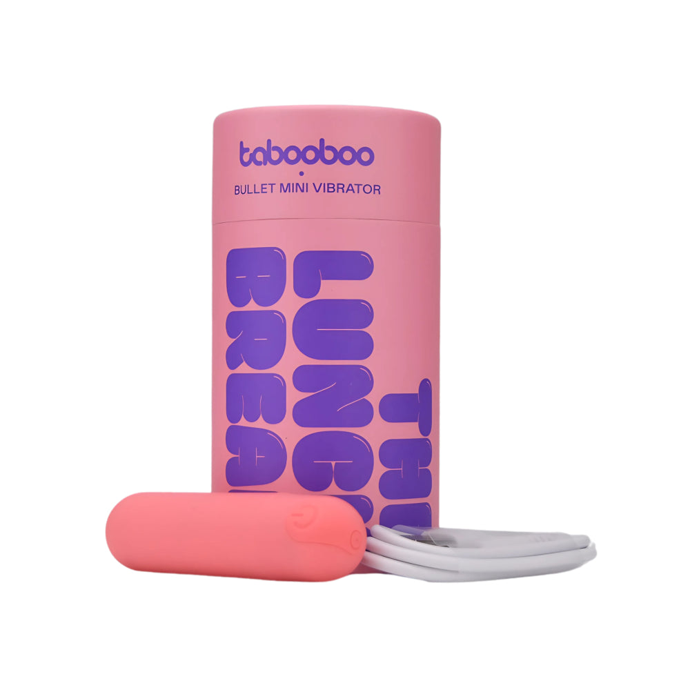 Tabooboo Lunch Break Bullet Vibrator shown inside packaging, compact rechargeable bullet vibrator for personal pleasure.