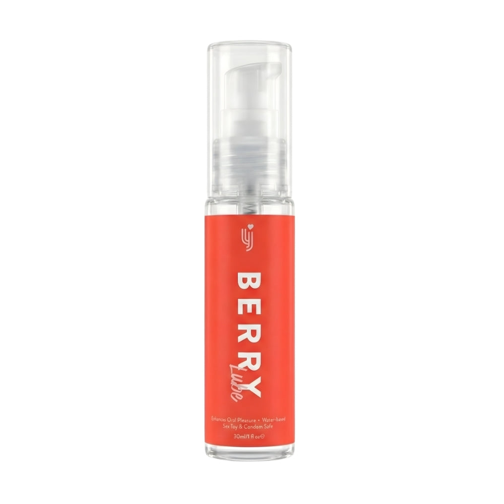 Loving Joy Strawberry Flavored Lubricant 30ml bottle, smooth and glossy, with strawberry illustrations on the label.