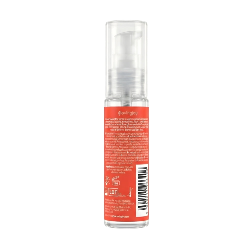 Loving Joy Strawberry Flavored Lubricant 30ml bottle with pink cap, showing the product label and clear plastic packaging.