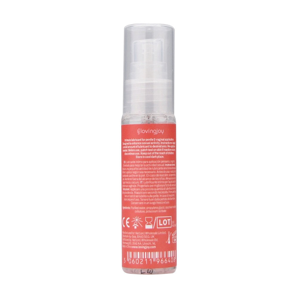 Loving Joy Strawberry Flavored Lubricant 30ml bottle, shown from the back, with a pink and white label and clear cap.