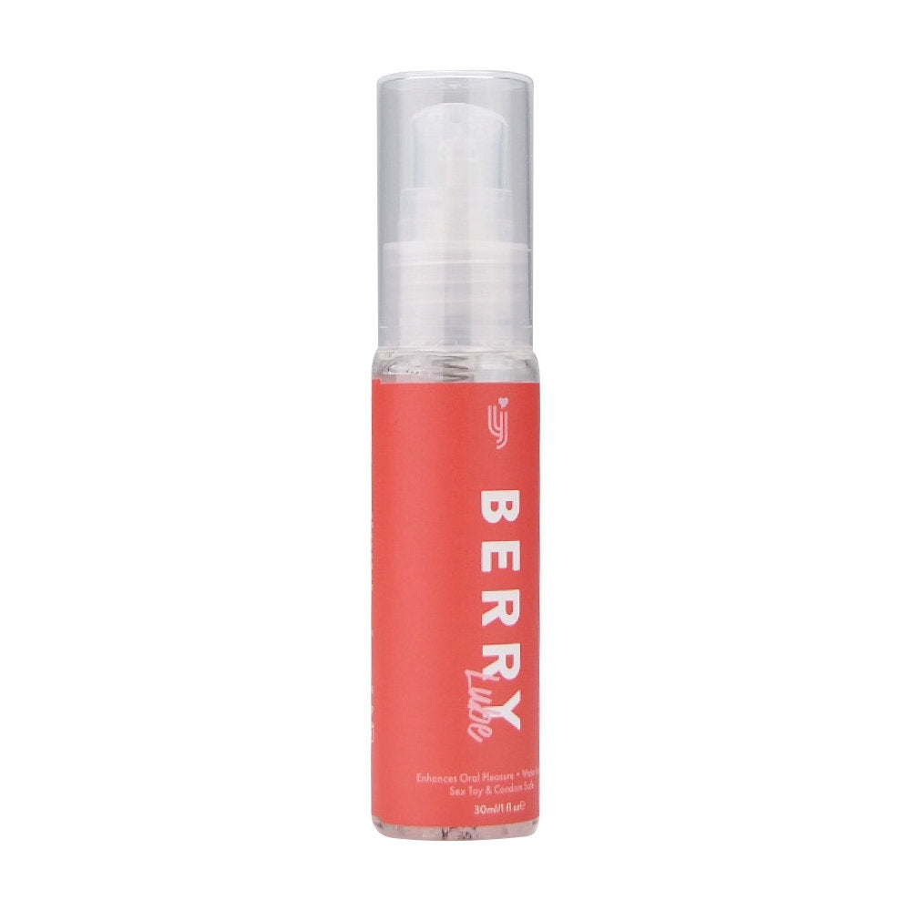 Loving Joy Strawberry Flavored Lubricant 30ml bottle shown from the side, featuring a clear container with pink strawberry flavor label.