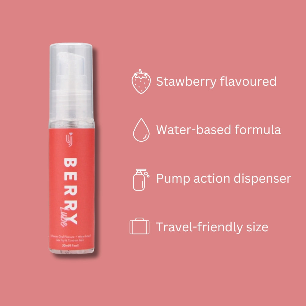 Loving Joy Strawberry Flavored Lubricant 30ml bottle, clear liquid lubricant with strawberry scent, in a small plastic bottle.