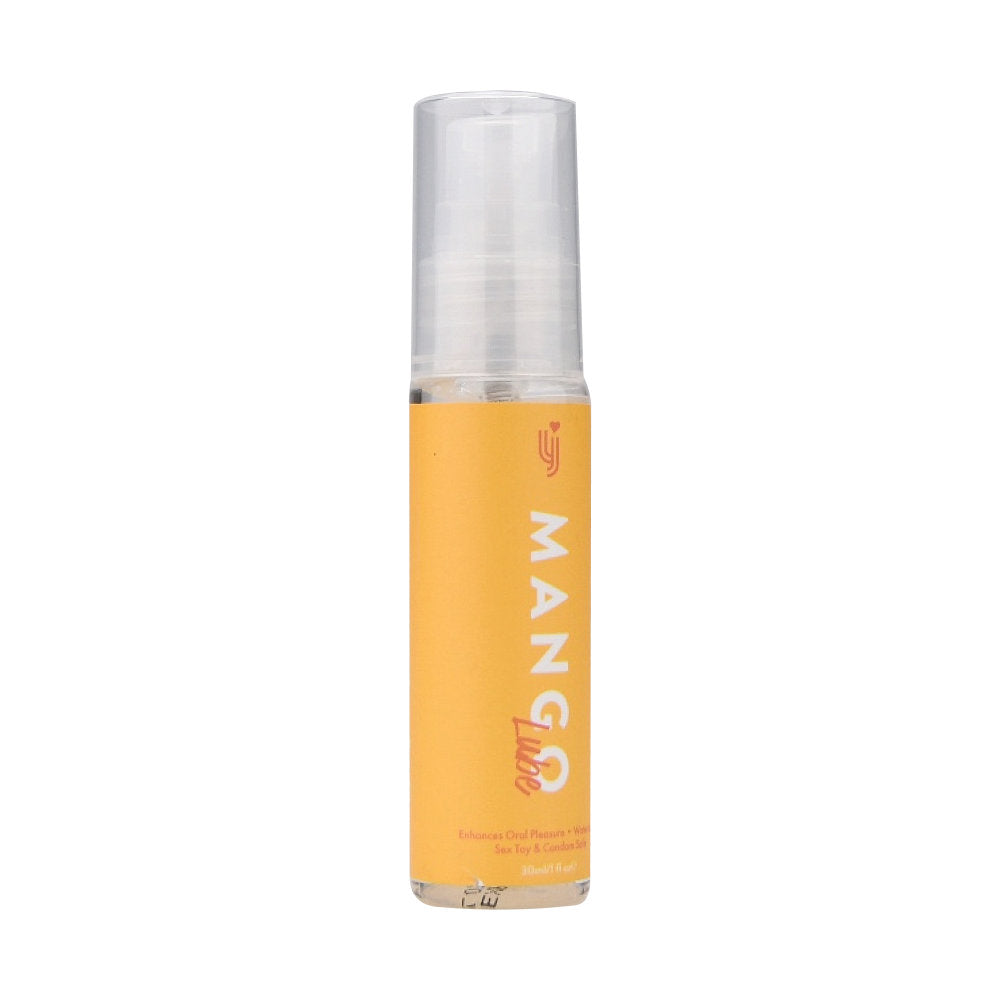 Loving Joy Mango Flavored Lubricant 30ml bottle shown from the side, featuring the product label and orange-colored packaging.