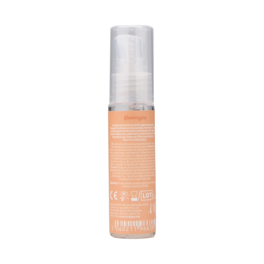 Back view of Loving Joy Peach Flavored Lubricant 30ml bottle showing the label and transparent plastic container.