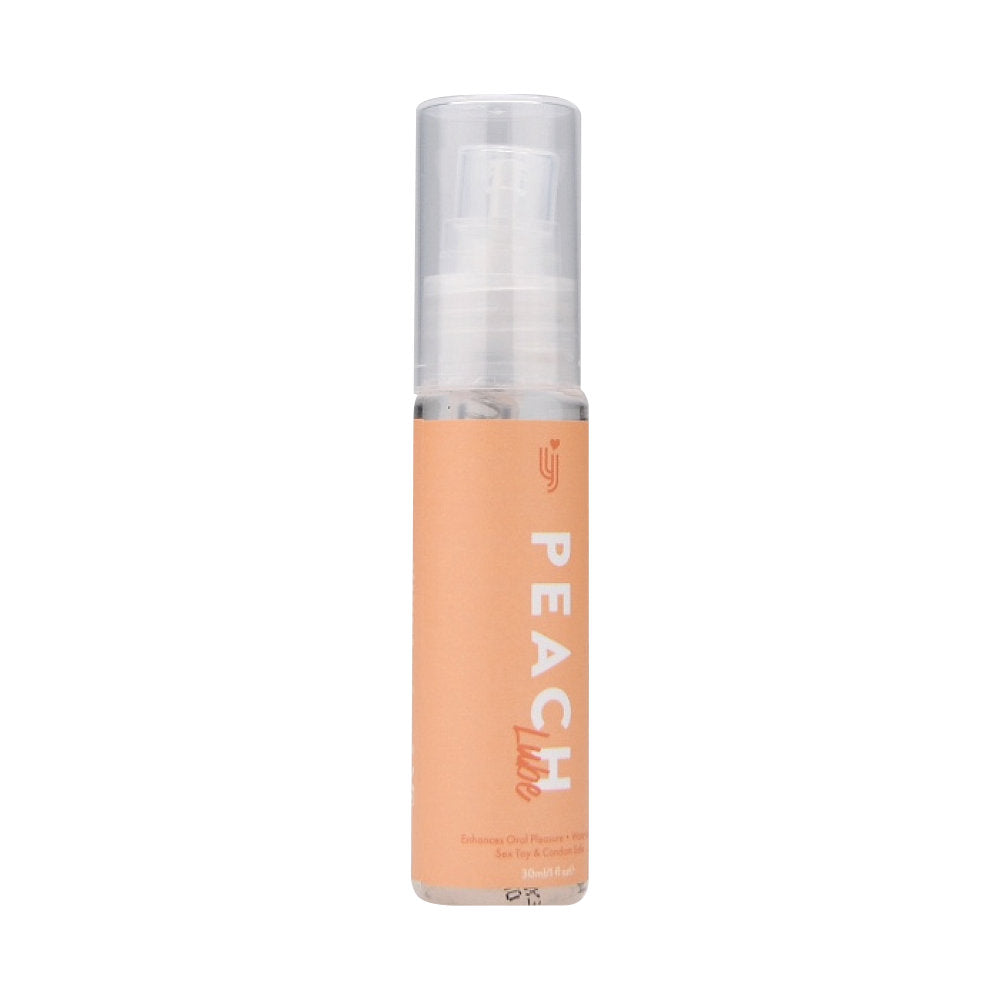 Loving Joy Peach Flavored Lubricant 30ml bottle shown from the side, featuring the product label and packaging.