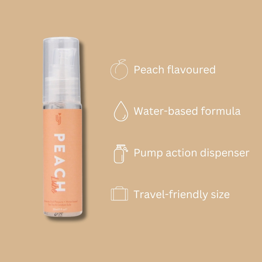 Loving Joy Peach flavoured lubricant 30ml bottle with peach and floral design, displayed on a white background.