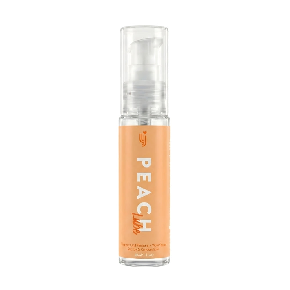 Loving Joy Peach flavored lubricant in 30ml bottle, with clear label and pump dispenser, on a neutral background.