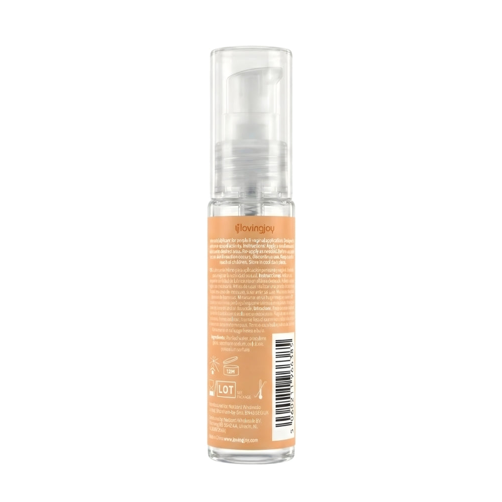 Loving Joy Peach Flavored Lubricant 30ml bottle with peach imagery, smooth and colorful packaging.