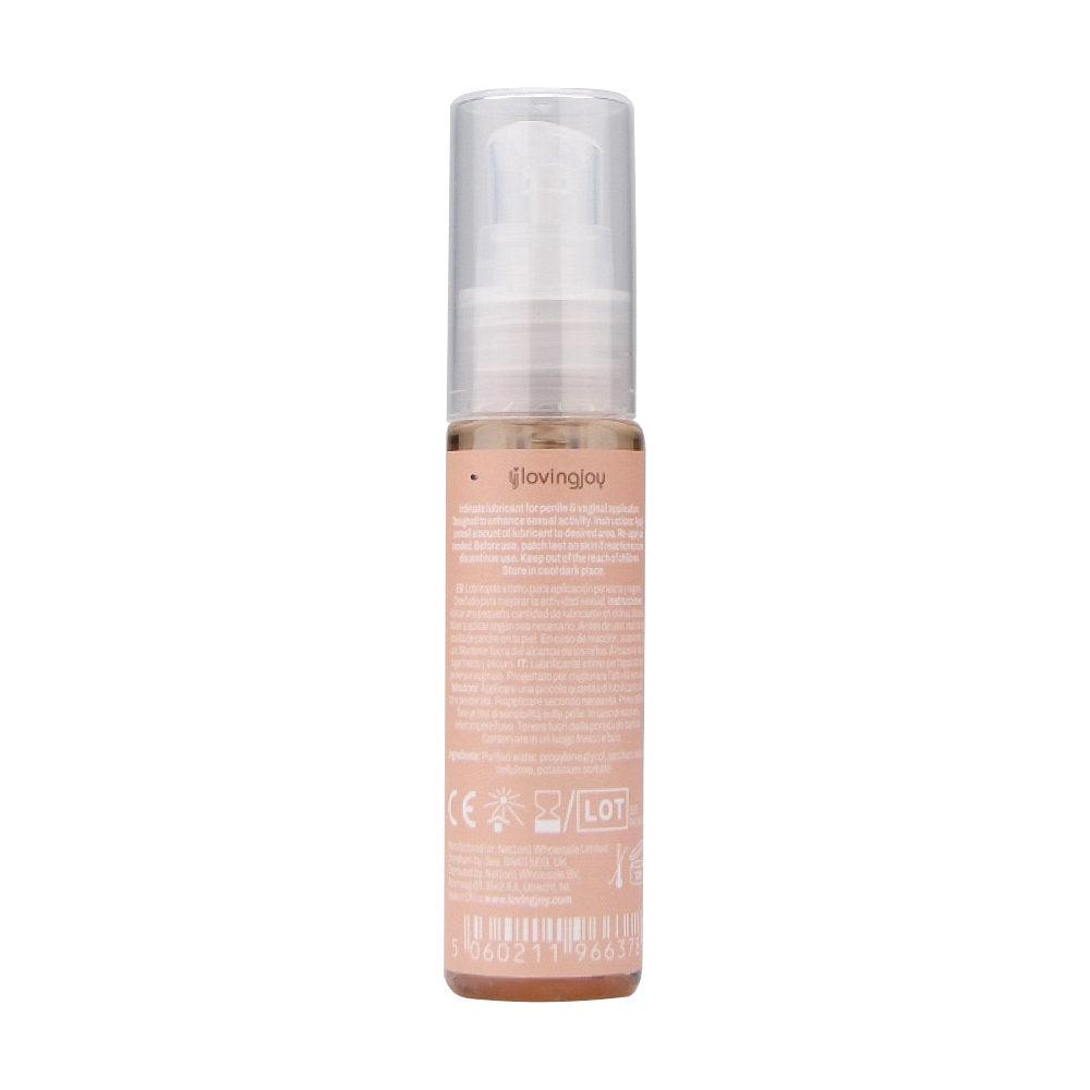 Back view of Loving Joy Chocolate Flavored Lubricant 30ml bottle, showing the label and sleek packaging design.