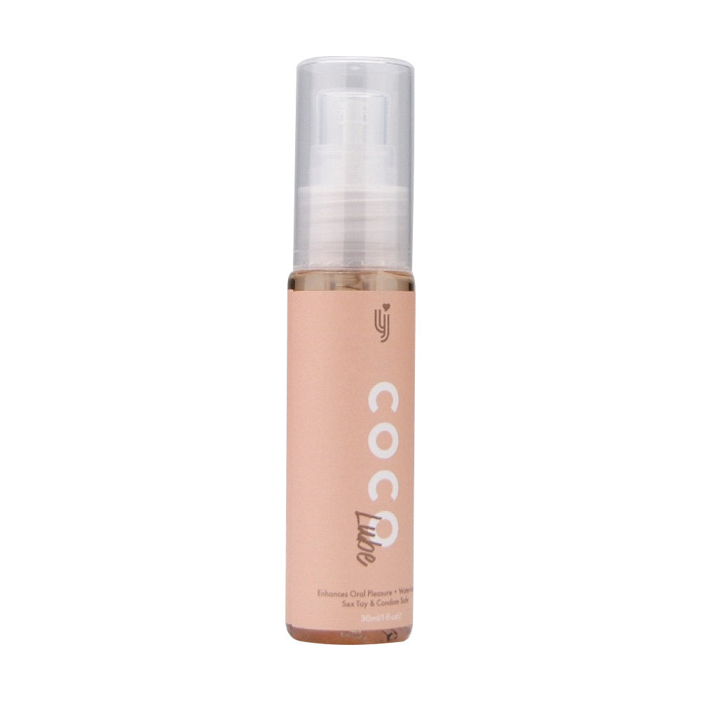 Loving Joy Chocolate Flavored Lubricant 30ml bottle, side view, showing smooth, chocolate-colored lubricant in a clear bottle.