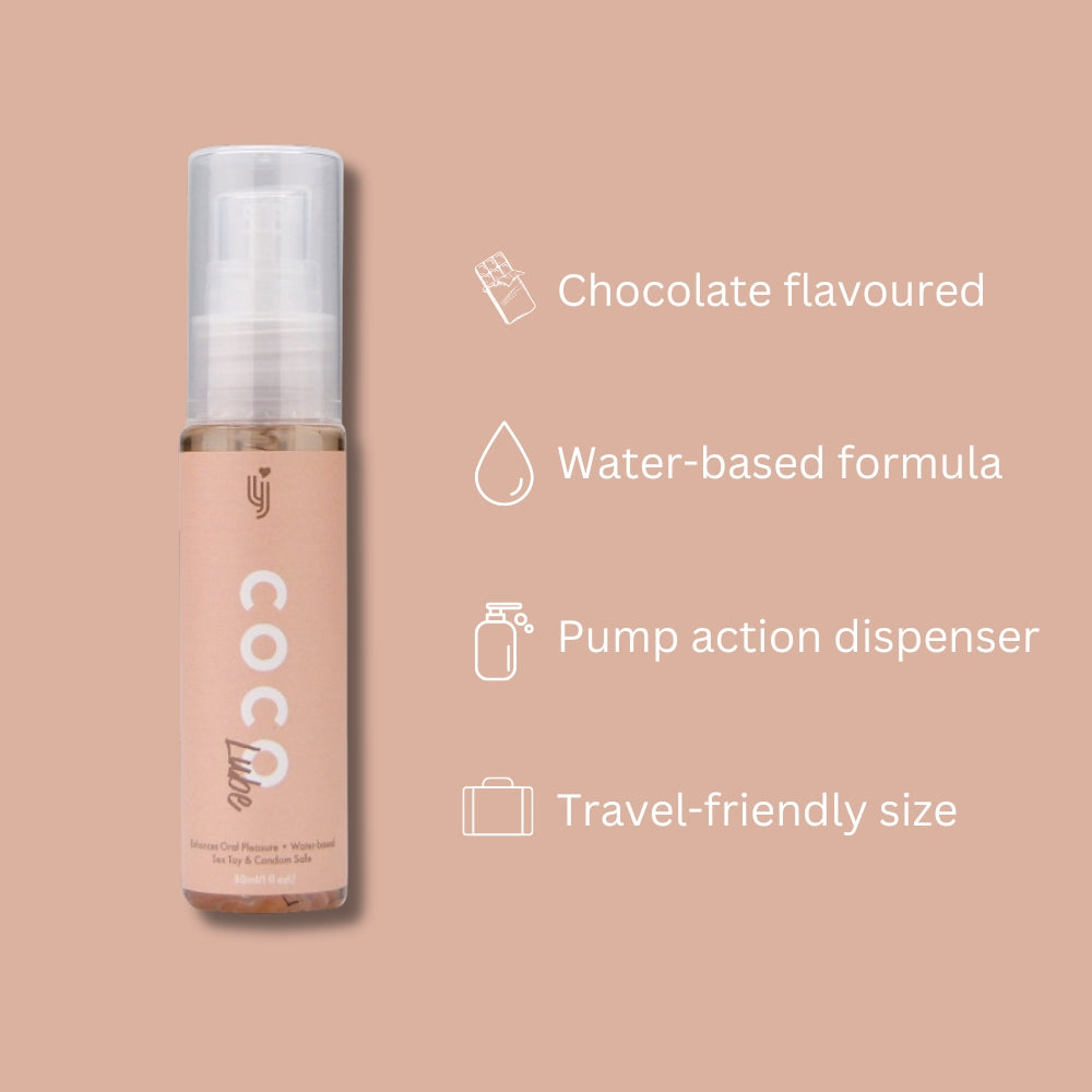 Loving Joy chocolate-flavored lubricant 30ml bottle, smooth and glossy, with chocolate branding and product label visible.