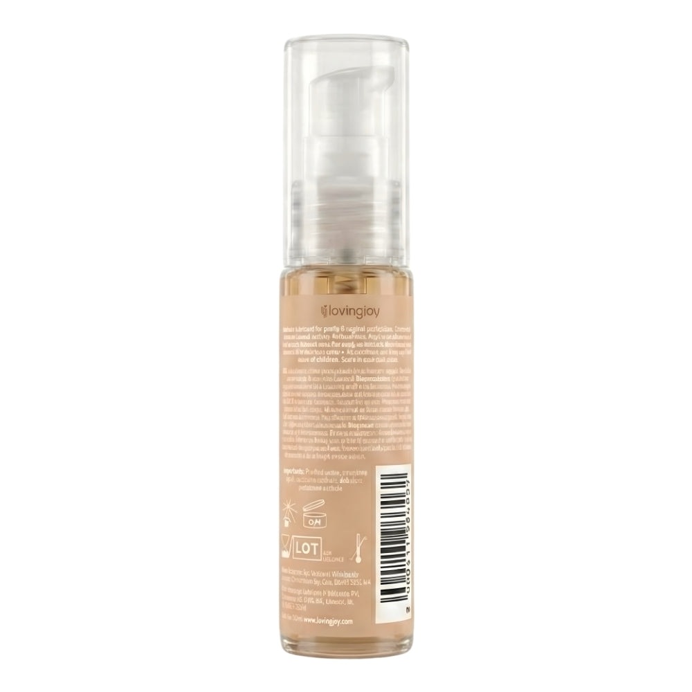 Loving Joy chocolate-flavored lubricant 30ml bottle showing the product with a smooth, glossy chocolate appearance.