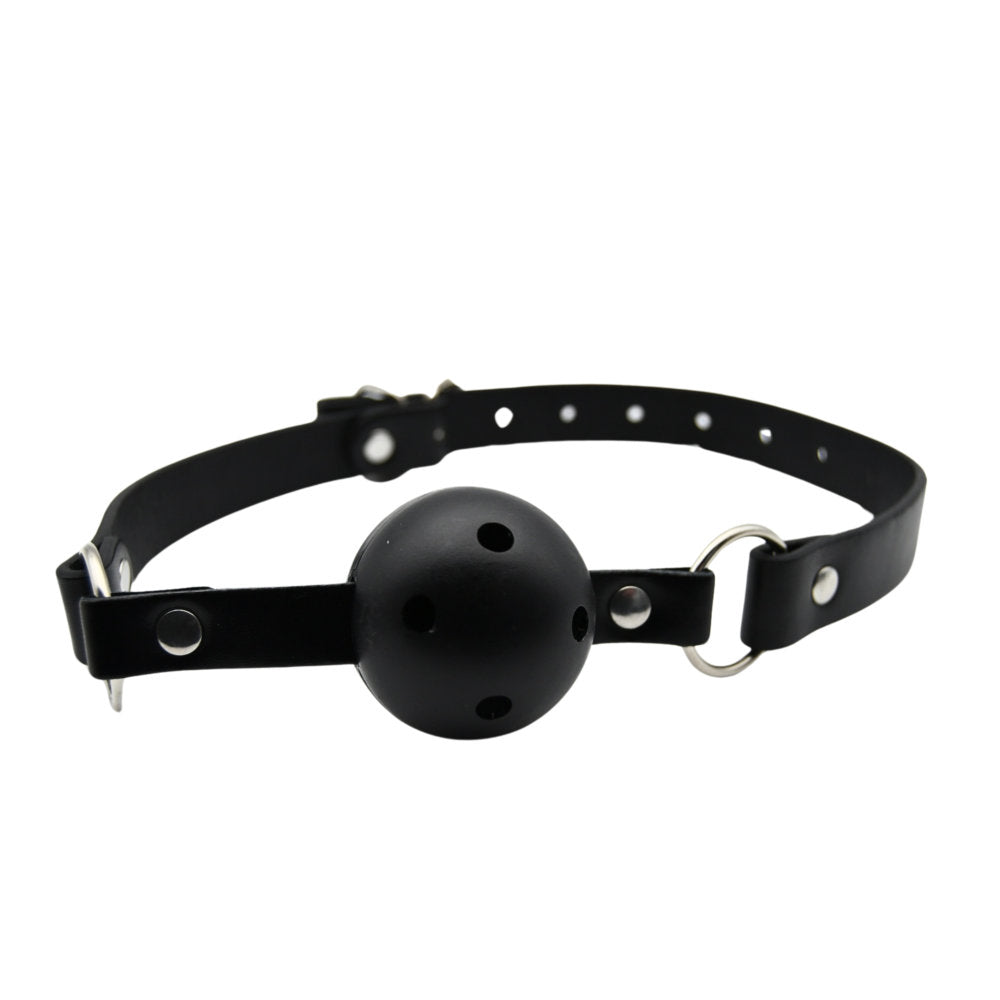 Black breathable ball gag by Bound to Play, featuring adjustable straps and soft silicone ball for comfortable bondage play.
