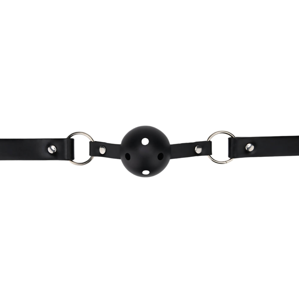 Bound to Play breathable black ball gag, made of soft material, designed for comfortable restraint and control during bondage play.